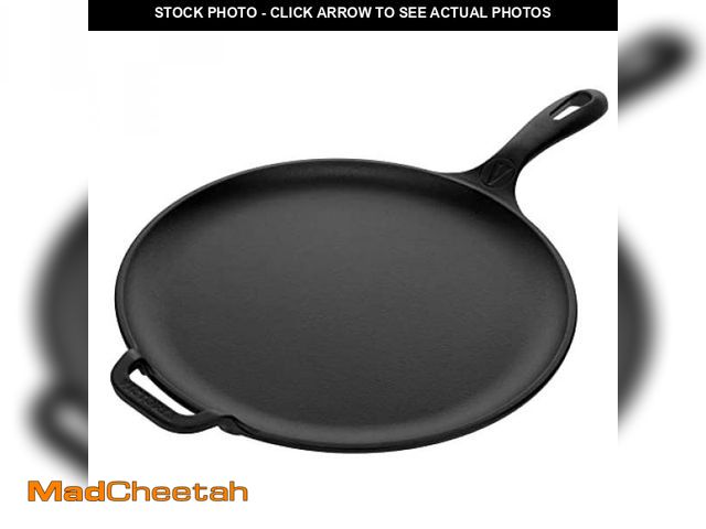 Lot 74-12098617 - Victoria 12-Inch Cast Iron Comal Pizza Pan with a Long Handle and a Loop Handle, Preseasoned with Fl...