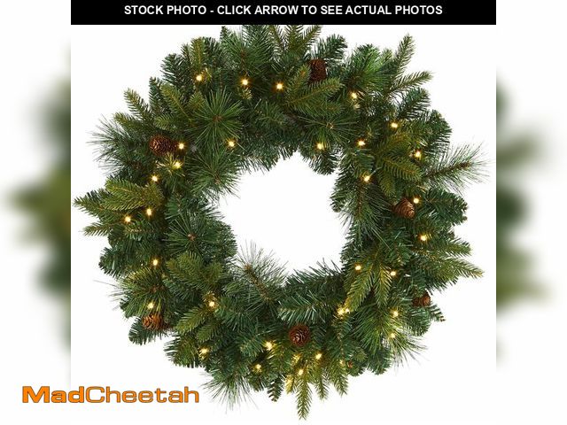 Lot 74-13041596 - Nearly Natural 24in. Mixed Pine Artificial Christmas Wreath with 35 Clear LED Lights and Pinecones -...