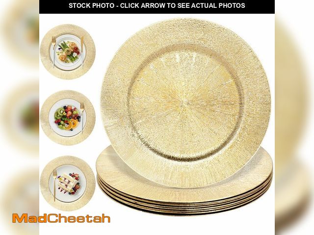 Lot 74-14208380 - Etsutomy 12 Pack Gold Charger Plates Bulk, Round 13" Plastic Dinner Charger Plate, Reusable Gold Tab...