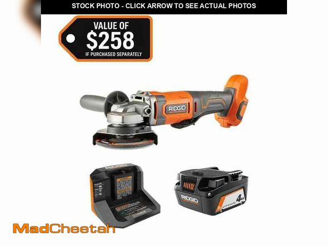 Lot 74-12900334 - RIDGID 18V Cordless 4-1/2 in. Angle Grinder Kit with 4.0 Ah Battery and Charger - UNUSED