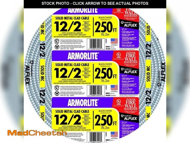 Lot 74-12471542 - Southwire 250 ft. 12-Gauge/2-Gauge Solid CU MC (Metal Clad) Armorlite Cable - UNUSED
