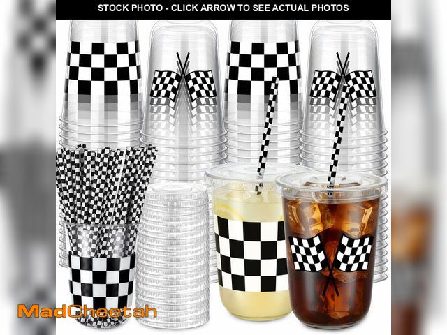 Lot 74-14304475 - Ziliny 50 Sets 16oz Race Car Birthday Party Decorations Favors Checkered Racing Party Round Bottom P...