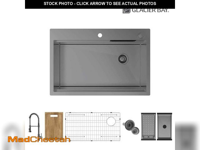 Lot 74-13693574 - Glacier Bay 33 in Drop-In Single Bowl 18-Gauge Gunmetal Stainless Steel Workstation Kitchen Sink w/ ...