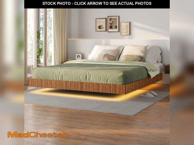 Lot 74-13578393 - Tatub Walnut King Floating Bed Frame with LED Lights, Fluted Mid Century Modern Floating Platform Be...