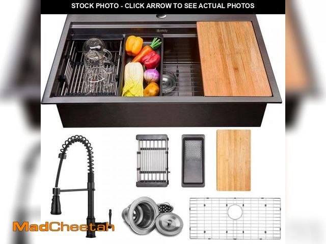 Lot 74-12364913 - AKDY All-in-One Matte Black Finished Stainless Steel 33 in. x 22 in. Single Bowl Drop-in Kitchen Sin...