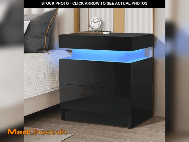 Lot 74-12887643 - Hommpa 2 Drawer Modern Nightstand with RGB LED Light High Gloss Bedside Tables for Bedroom Black - U...