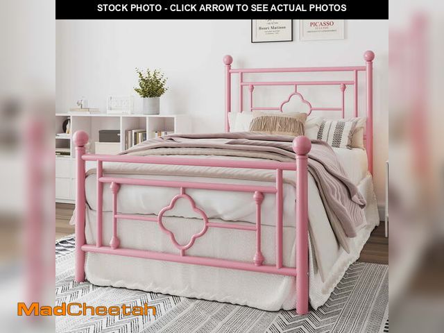 Lot 74-12890173 - (MISSING HARDWARE) Amolife Twin Size Metal Platform Bed Frame with Vintage Cross Pattern Headboard&a...