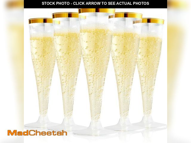 Lot 74-14297084 - FOCUSLINE 100 Pack Plastic Champagne Flutes, 4.5 Oz Gold Rim Plastic Champagne Glasses, Disposable C...