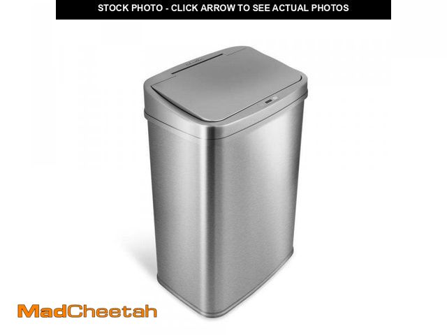 Lot 74-12530423 - (DENTED) NINESTARS 13 Gal. Silver Stainless Steel Rectangular Shape Motion Sensor Trash Can - UNUSED