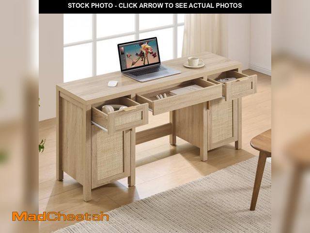 Lot 74-14609221 - SICOTAS 52" Rattan Computer Desk with 3 Drawers &amp; 2 Storage Cabinets, Boho Executive Desk, Moder...