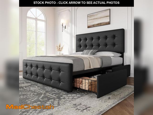 Lot 74-12199519 - IDEALHOUSE Queen Size Bed Frame with 4 Storage Drawers and Headboard, Faux Leather Upholstered Platf...