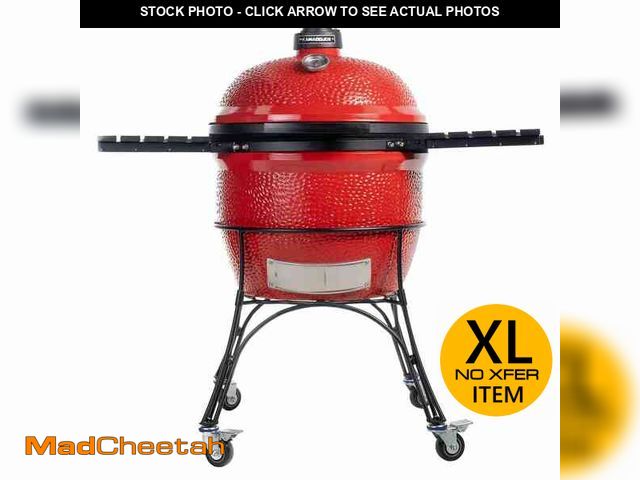 Lot 74-14243004 - Kamado Joe Big Joe I 24 in. Charcoal Grill in Red with Cart, Side Shelves, Grate Gripper, and Ash To...