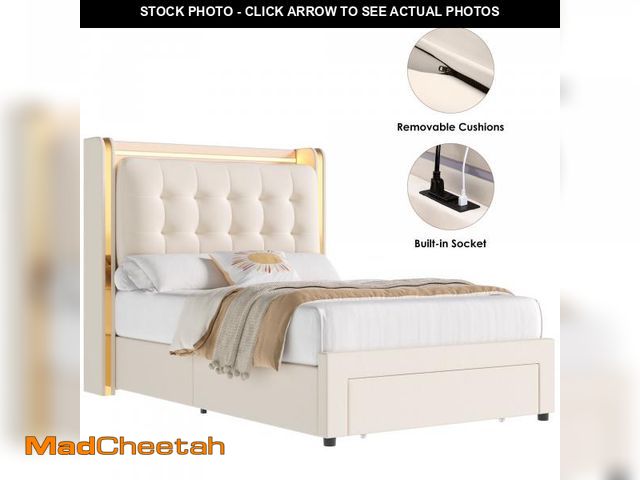 Lot 74-12253161 - Homfa Twin Size Velvet Upholstered Wingback Storage Bed Frame, LED Headboard Platform Bed with Charg...