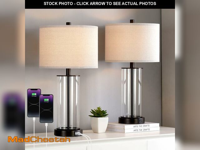 Lot 74-14477418 - KAWOTI 23'' Clear Glass Table Lamp Set of 2 Bedroom Lamps with USB Ports and AC Outlet Living Room N...