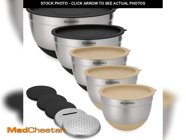Lot 74-12433558 - Belwares Mixing Bowls with Lids Set of 5 - Stainless Steel Nesting Bowls with Non-Slip Silicone Bott...