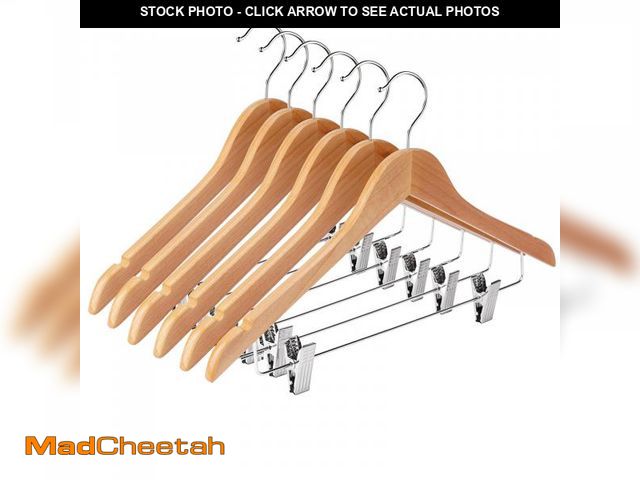 Lot 74-12221765 - Ulimart Wooden Hangers with Adjustable Heavy Duty Clips - 12 Pack Pants, Skirt, Jeans, Slacks, Short...