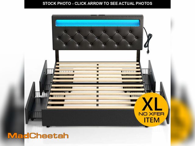 Lot 74-12630794 - Rolanstar Queen Bed Frame with 4 Storage Drawers and Charging Station, Queen Bed with Led Lights, 2 ...
