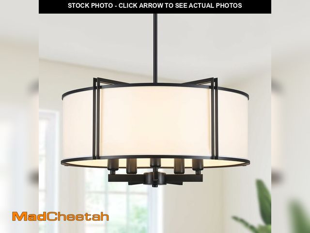 Lot 74-12954172 - CWarmozy 19.6'' Black Drum Chandelier 5-Light Modern White Fabric Chandeliers for Dining Room Adjust...