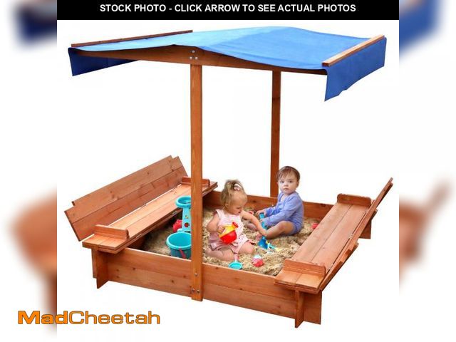 Lot 74-12487853 - FUNTOK Wooden Sandbox with Cover, 48x48"Sand Boxes for Kids w/ 2 Foldable Bench Seats &amp; UV-Resis...