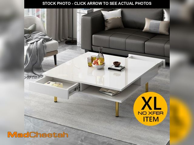Lot 74-12762993 - Merax Exquisite High Gloss Coffee Table with 4 Golden Legs and 2 Small Drawers, 2-Tier Square Modern...