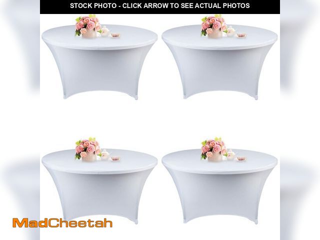 Lot 74-14267111 - Fivenl 4 Pack 5FT Round Spandex Tablecloth, 60 Inch White, Stretchable Table Cover, Washable and Wri...