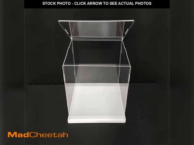 Lot 74-13959129 - Clear Acrylic Display Case, Self-Assembly Acrylic Box with White Thick Base and Upward Swing Door, D...