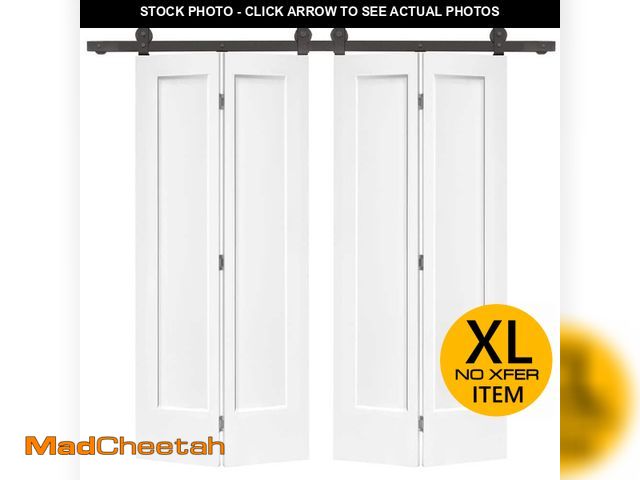 Lot 74-14373903 - 72 in. x 80 in. Hollow Core 1-Panel White MDF Composite Double Bi-Fold Barn Doors with Sliding Hardw...