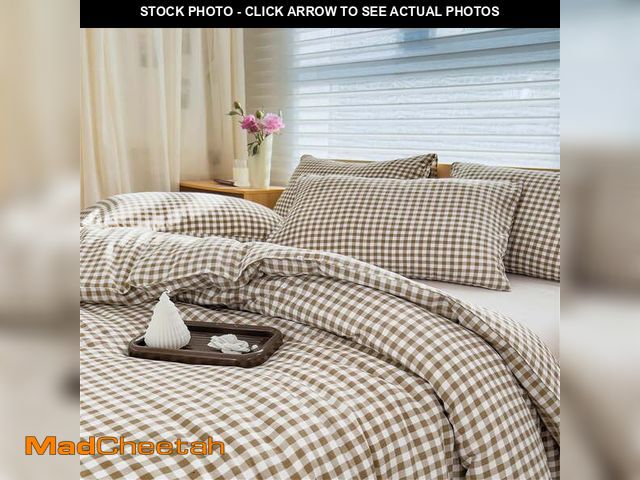 Lot 74-12833674 - Tan Gingham King Comforter Set, Taupe Plaid Bedding Set, Checked Bed Comforter 3 Pieces(Tan Gingham,...