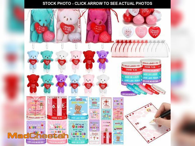 Lot 74-13548180 - Seenelling 60 Pcs Christian Valentine's Day Gift Set, Jesus Loves You Bear Keychain Christian Card J...