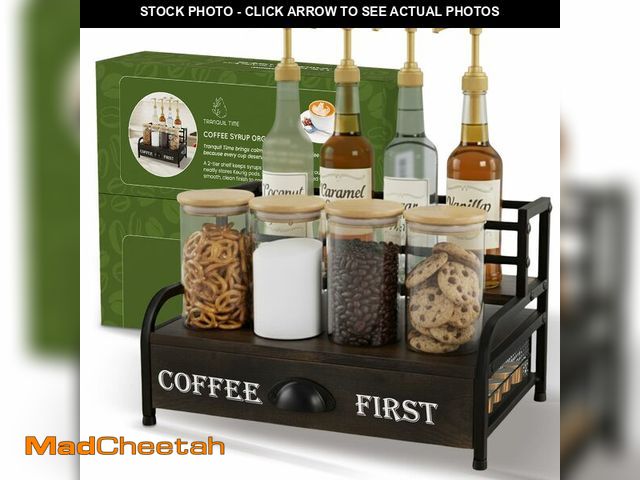 Lot 74-13948619 - Coffee Syrup Rack Organizer Ã¢â¬â 3-Tier Coffee Bar Stand for Countertop, Rustic Wood &amp; Metal...