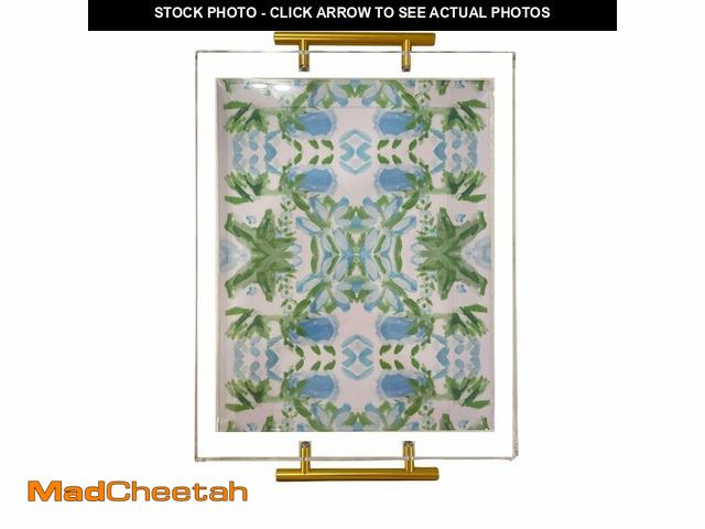 Lot 74-14264140 - Acrylic Serving Tray with Gold Handles - 11"x14" Decorative Clear Tray, Green and Blue Watercolor Bo...