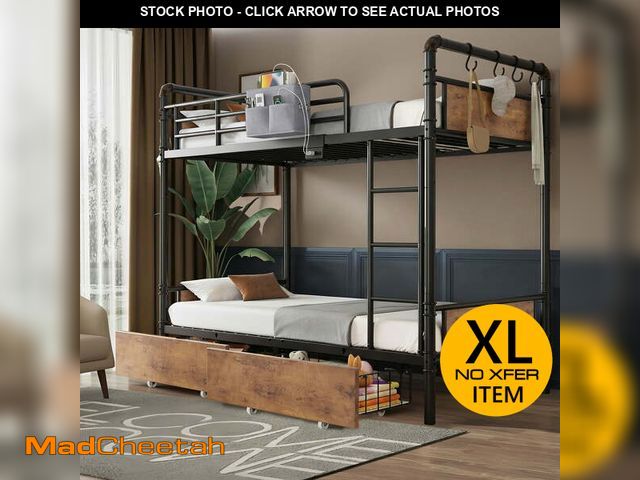 Lot 74-13676464 - Anyact Metal Twin over Twin Size Bunk Bed with 2 Storage Drawers and USB Charging Station, Vintage B...