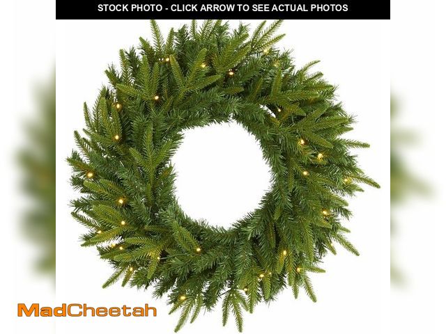 Lot 74-13331657 - Nearly Natural 24in Artificial Long Pine Christmas Wreath Faux Greenery with Clear LED Lights for Ho...