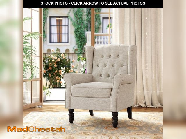 Lot 74-14605183 - Uixe Modern Beige Linen Upholstered Button High Back Accent Arm Chair with Wood Legs (Set of 1) FOP-...