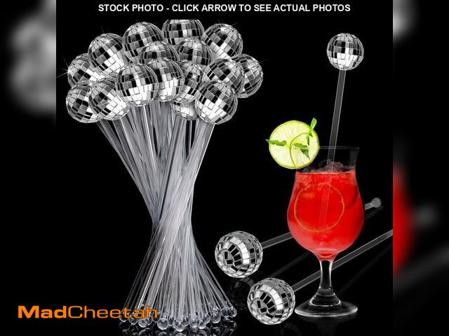 Lot 74-12716835 - Sawysine 48 Pcs Disco Balls Cocktail Stirrers Plastic Round Top Swizzle Sticks Mirror Disco Ball Sti...