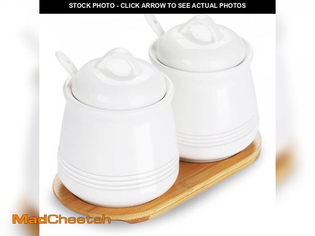 Lot 74-12049606 - HAOTOP Ceramic Sugar Bowl 2 Pack, PorcelainJar with Tray, Spoon and Lid for Sugar, Pepper, Coffee, S...