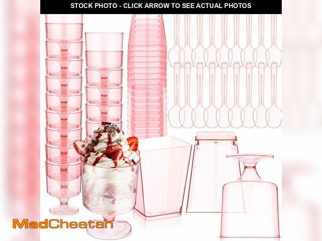 Lot 74-12712104 - Funnymoom 100 Pcs Pink Dessert Cups with Spoons Mini Clear Plastic Dessert Parfait Cup Dessert Squar...