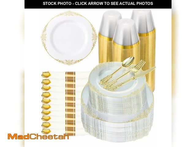 Lot 74-14059883 - Goodluck 350 Piece Clear Gold Plastic Dinnerware Set for 50 Guests, Fancy Disposable Plates, Include...