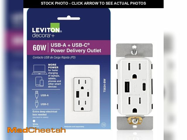 Lot 74-12778115 - Leviton Decora 15 Amp Tamper Resistant Duplex Outlet with 60W USB-A + USB-C Power Delivery Charger, ...