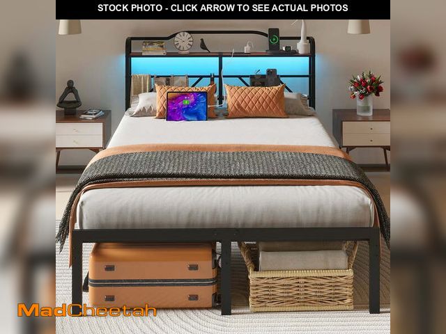 Lot 74-12834394 - NISIEN Queen Size Bed Frame with LED Storage Headboard &amp; Charging Station, Metal Platform Bed, B...
