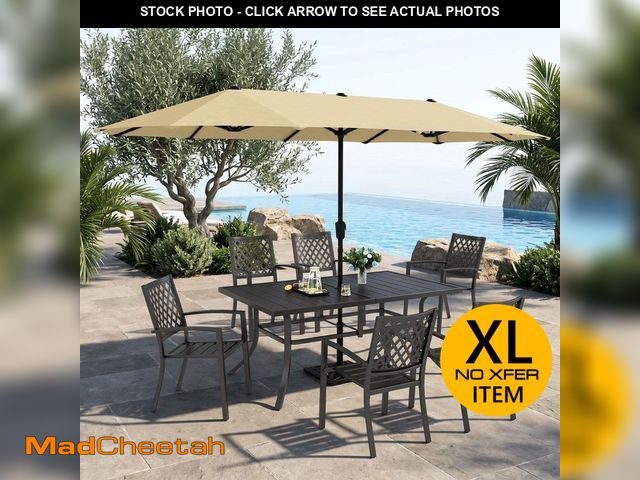 Lot 74-14280238 - PHI VILLA 8-Piece Metal Outdoor Patio Dining Set with Umbrella and Stackable Chairs - UNUSED