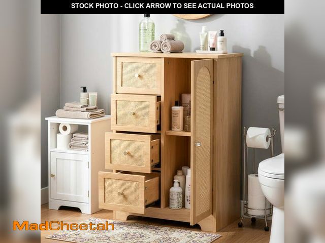 Lot 74-14324603 - Ktaxon Wooden Bathroom Floor Cabinet, Side Storage Organizer with 4 Drawers, 1 Cupboard &amp; 2-Shel...