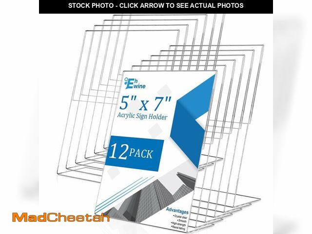 Lot 74-14058914 - EHWINE 12 Pack 5 x 7 Acrylic Sign Holder, Clear Plastic Signs Display Stand, Vertical Slanted Back P...