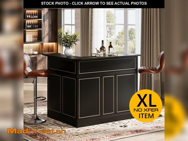 Lot 74-12689151 - (MISSING HARDWARE) Tribesigns L-Shaped Bar Cabinet, 4-Tier Corner Bar Unit with Stemware Racks, Blac...