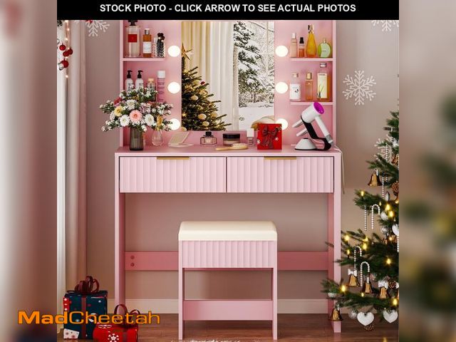 Lot 74-12420742 - Ktaxon Lighted Makeup Vanity, Pink Vanity Table Set with 2 Drawer and Charging Station, Femal Gift -...