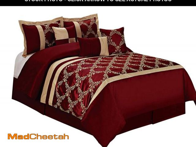 Lot 74-12421211 - HIG 7 Piece Burgundy and Gold Faux Silk Fabric Embroideried Bedding Set  King - UNUSED