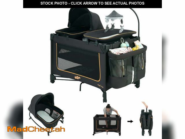 Lot 74-12941223 - Pamo Babe Baby Playard Magic Fold 1 Step Bassinet &amp; Changing Table for Newborn, 4-Panels (Black)...