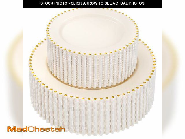 Lot 74-14385548 - supernal 100pcs Ivory Plastic Plates with Gold Beads - Heavy Duty Cream Disposable Plates Set | 50 D...