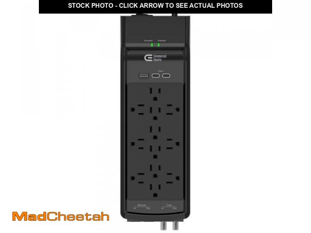 Lot 74-12491678 - Commercial Electric 15 ft. 12-Outlet Surge Protector Braided Cord with 1 USB-A and 2 USB-C, Black - ...