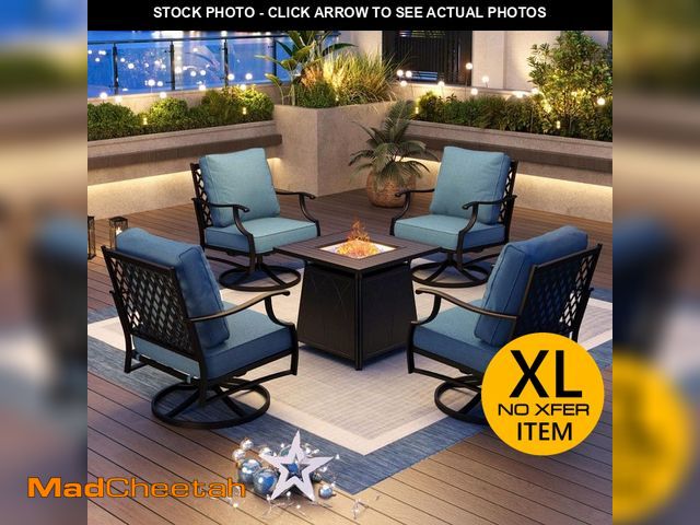Lot 74-14252392 - PHI VILLA Metal 4 Seat 5-Piece Steel Outdoor Patio Conversation Set with Denim Blue Cushions, Swivel...
